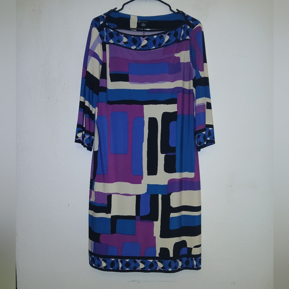 New Directions Abstract Long Sleeve Dress - Purple, Blue, and Cream